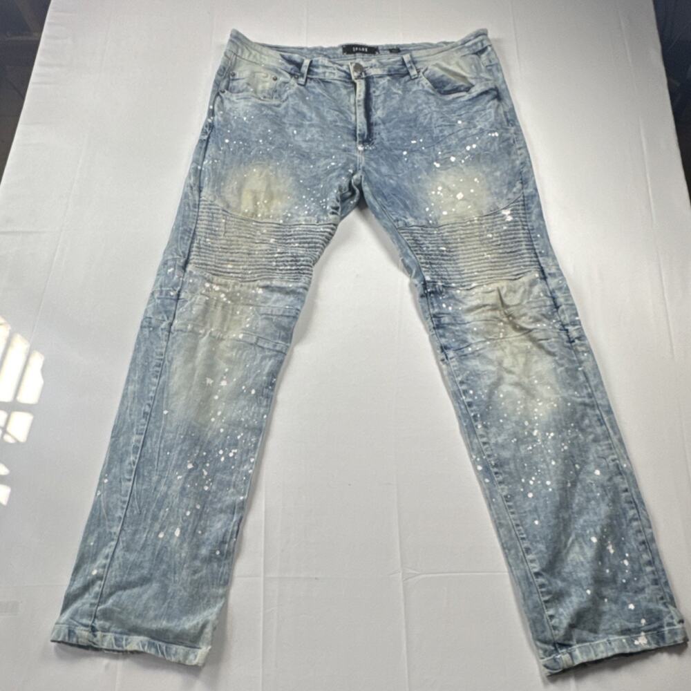 Spark Straight Light Blue Denim Jeans Paint Splatter Pleated Mens